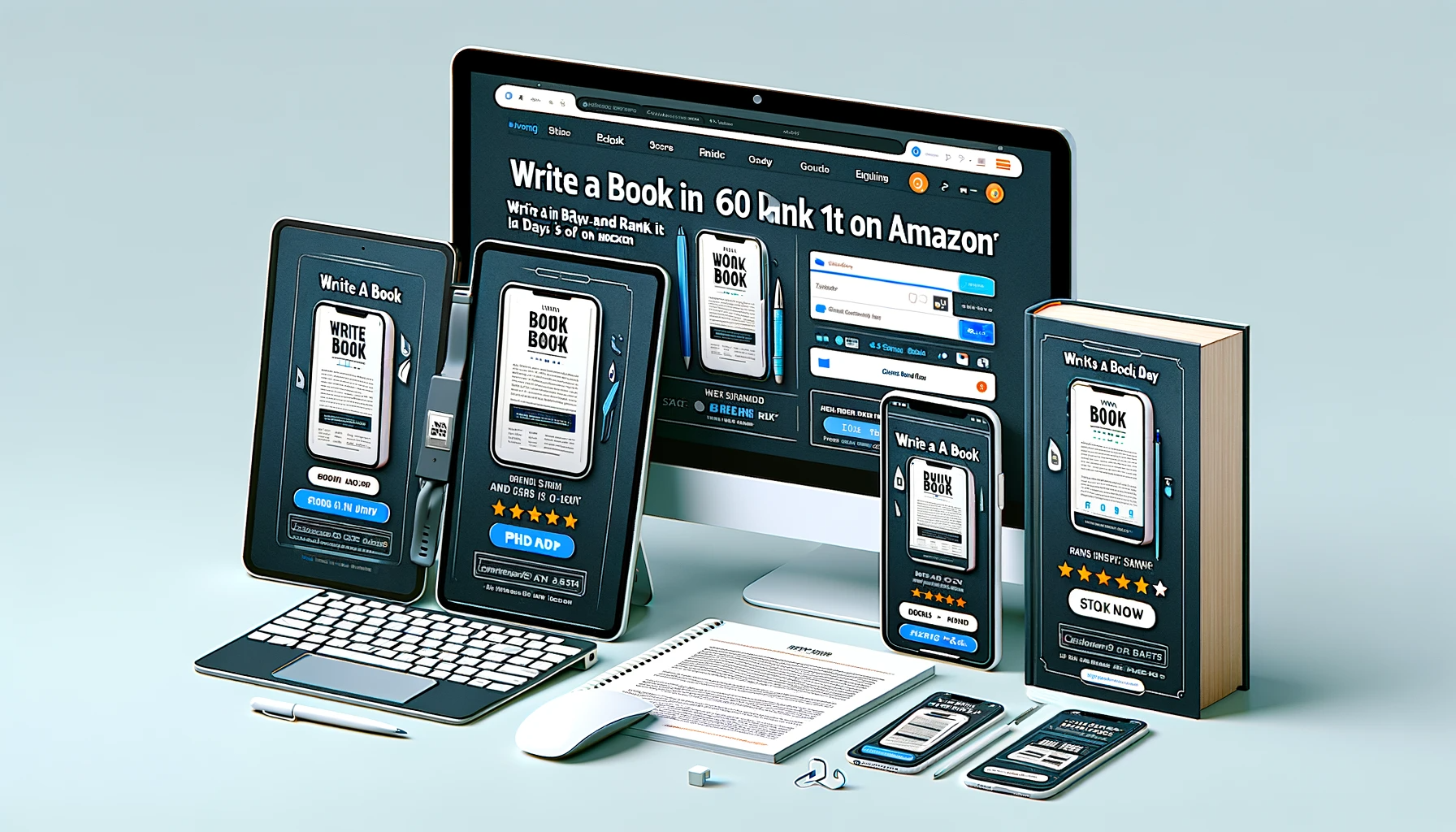 DALL·E 2023-12-23 15.19.35 - A digital product image for an online training course titled 'Write a Book in 60 Days and Rank it 1st on Amazon', formatted in 4_3 aspect ratio. The i