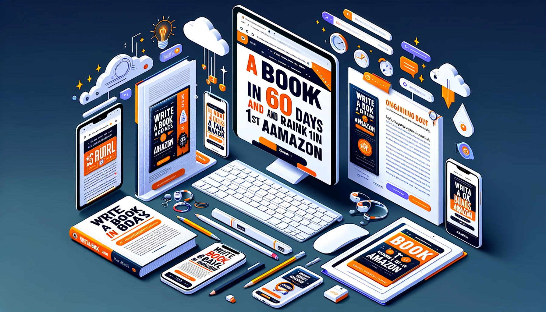 DALL·E 2023-12-23 15.21.25 - A digital product image for an online training course titled 'Write a Book in 60 Days and Rank it 1st on Amazon', formatted in 4_3 aspect ratio. The i