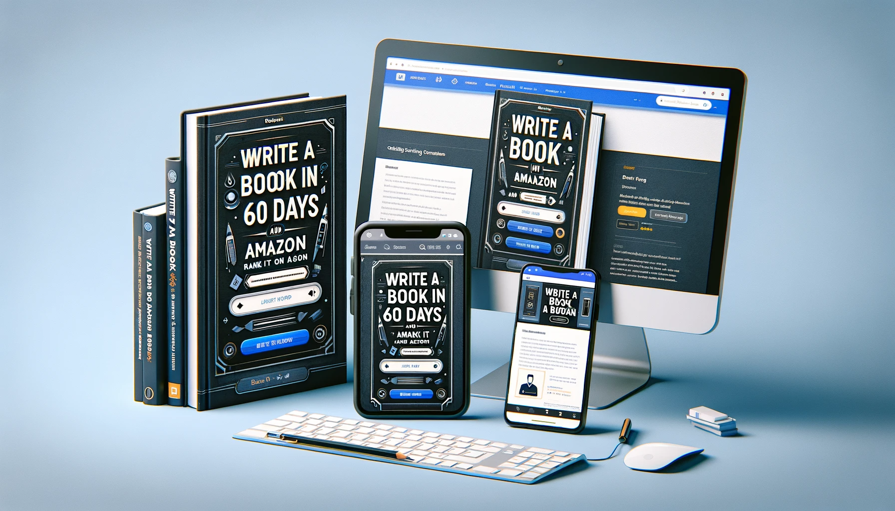 DALL·E 2023-12-23 15.22.52 - A digital product image for an online training course titled 'Write a Book in 60 Days and Rank it 1st on Amazon', formatted in 4_3 aspect ratio. The i